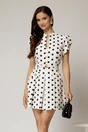 Rochie DY Fashion alba cu buline negre cu fusta scurta cu pliuri si decolteu, 1, dyfashion.ro