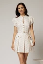Rochie DY Fashion alba cu buline roz cu fusta scurta cu pliuri si decolteu, 1, dyfashion.ro