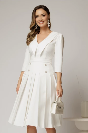 Rochie DY Fashion alba cu decolteu cu guler ascutit si fusta plisata