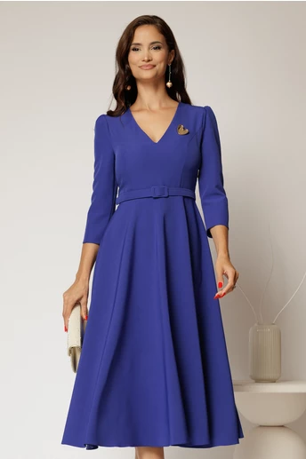 Rochie DY Fashion albastra clos cu decolteu V si curea in talie