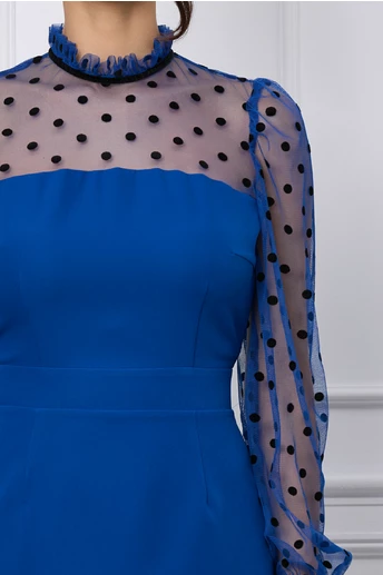 Rochie Dy Fashion albastra cu tull si buline catifelate