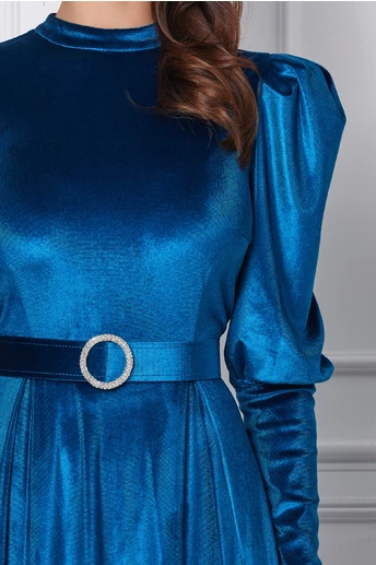 Rochie Dy Fashion albastra din catifea cu umeri bufanti si curea in talie