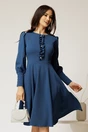 Rochie DY Fashion albastra eleganta cu volan incretit pe bust si nasturi bijuterie, 4, dyfashion.ro