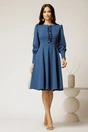 Rochie DY Fashion albastra eleganta cu volan incretit pe bust si nasturi bijuterie, 3, dyfashion.ro