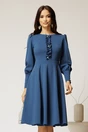 Rochie DY Fashion albastra eleganta cu volan incretit pe bust si nasturi bijuterie, 1, dyfashion.ro