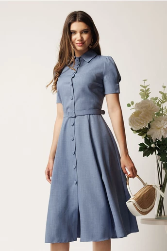 Rochie DY Fashion albastra in clos cu nasturi si curea in talie