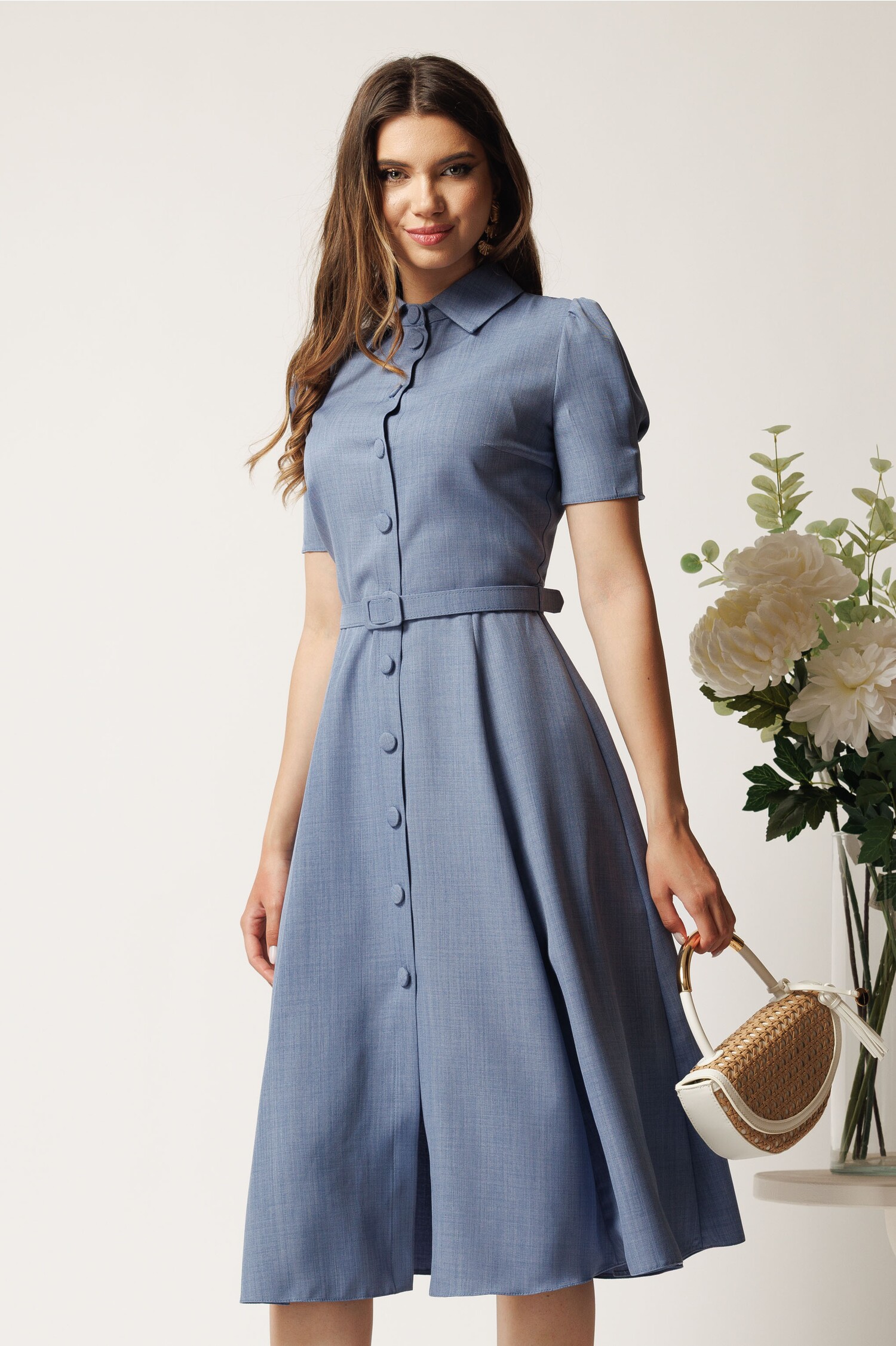 Rochie DY Fashion albastra in clos cu nasturi si curea in talie