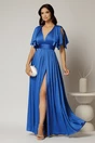 Rochie DY Fashion albastra lunga de seara cu decolteu adanc si funde ample, 1, dyfashion.ro
