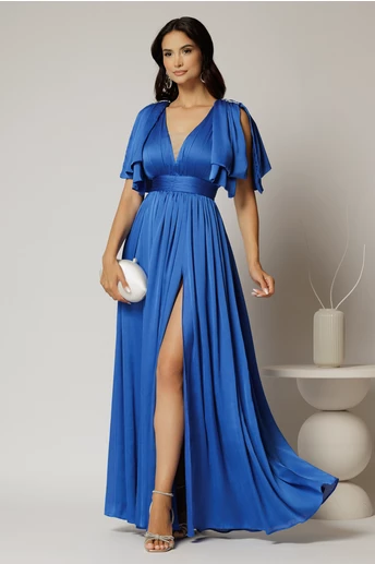 Rochie DY Fashion albastra lunga de seara cu decolteu adanc si funde ample