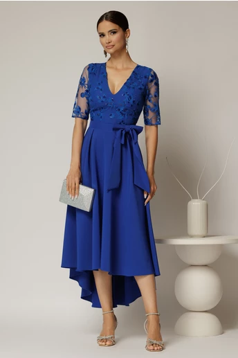 Rochie DY Fashion asimetrica albastra cu dantela cu paiete la bust si funda ampla