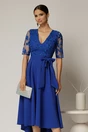 Rochie DY Fashion asimetrica albastra cu dantela cu paiete la bust si funda ampla, 3, dyfashion.ro