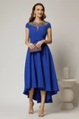 Rochie DY Fashion asimetrica albastra cu funda in talie si aplicatii la decolteu, 1, dyfashion.ro