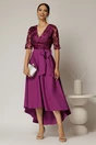 Rochie DY Fashion asimetrica mov cu dantela cu paiete la bust si funda ampla, 1, dyfashion.ro