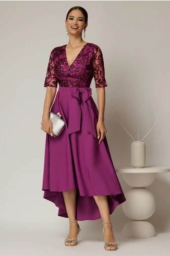 Rochie DY Fashion asimetrica mov cu dantela cu paiete la bust si funda ampla