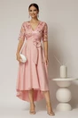 Rochie DY Fashion asimetrica roz cu dantela cu paiete la bust si funda ampla, 1, dyfashion.ro