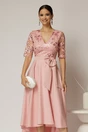 Rochie DY Fashion asimetrica roz cu dantela cu paiete la bust si funda ampla, 3, dyfashion.ro