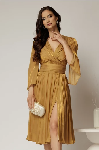 Rochie DY Fashion aurie de ocazie din voal peliculizat cu maneci crapate