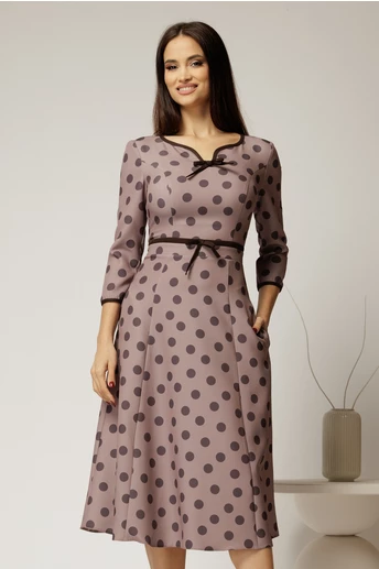 Rochie DY Fashion bej cu buline cu decupaj si funda la decolteu