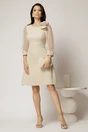 Rochie DY Fashion bej cu maneci din organza si detaliu floral, 3, dyfashion.ro