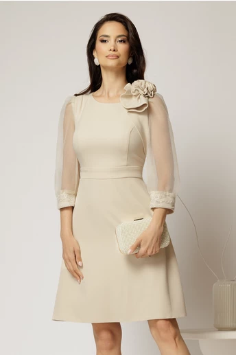 Rochie DY Fashion bej cu maneci din organza si detaliu floral