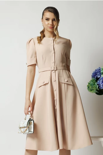 Rochie DY Fashion bej de zi cu nasturi si curea in talie