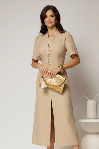 Rochie DY Fashion bej de zi de vara cu maneci scurte si nasturi la bust