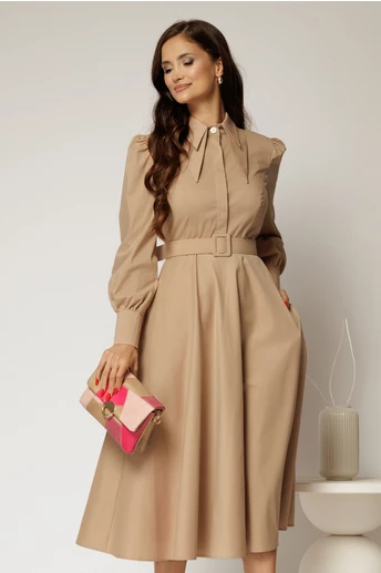 Rochie DY Fashion bej din poplin cu guler dublu si curea in talie
