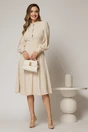 Rochie DY Fashion bej din triplu voal cu guler tunica si nasturi tip floare, 3, dyfashion.ro