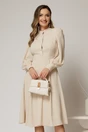 Rochie DY Fashion bej din triplu voal cu guler tunica si nasturi tip floare, 1, dyfashion.ro