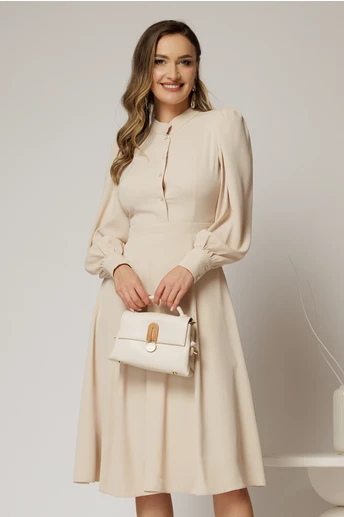 Rochie DY Fashion bej din triplu voal cu guler tunica si nasturi tip floare