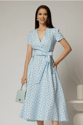 Rochie DY Fashion bleu cu buline cu decolteu petrecut si cordon in talie