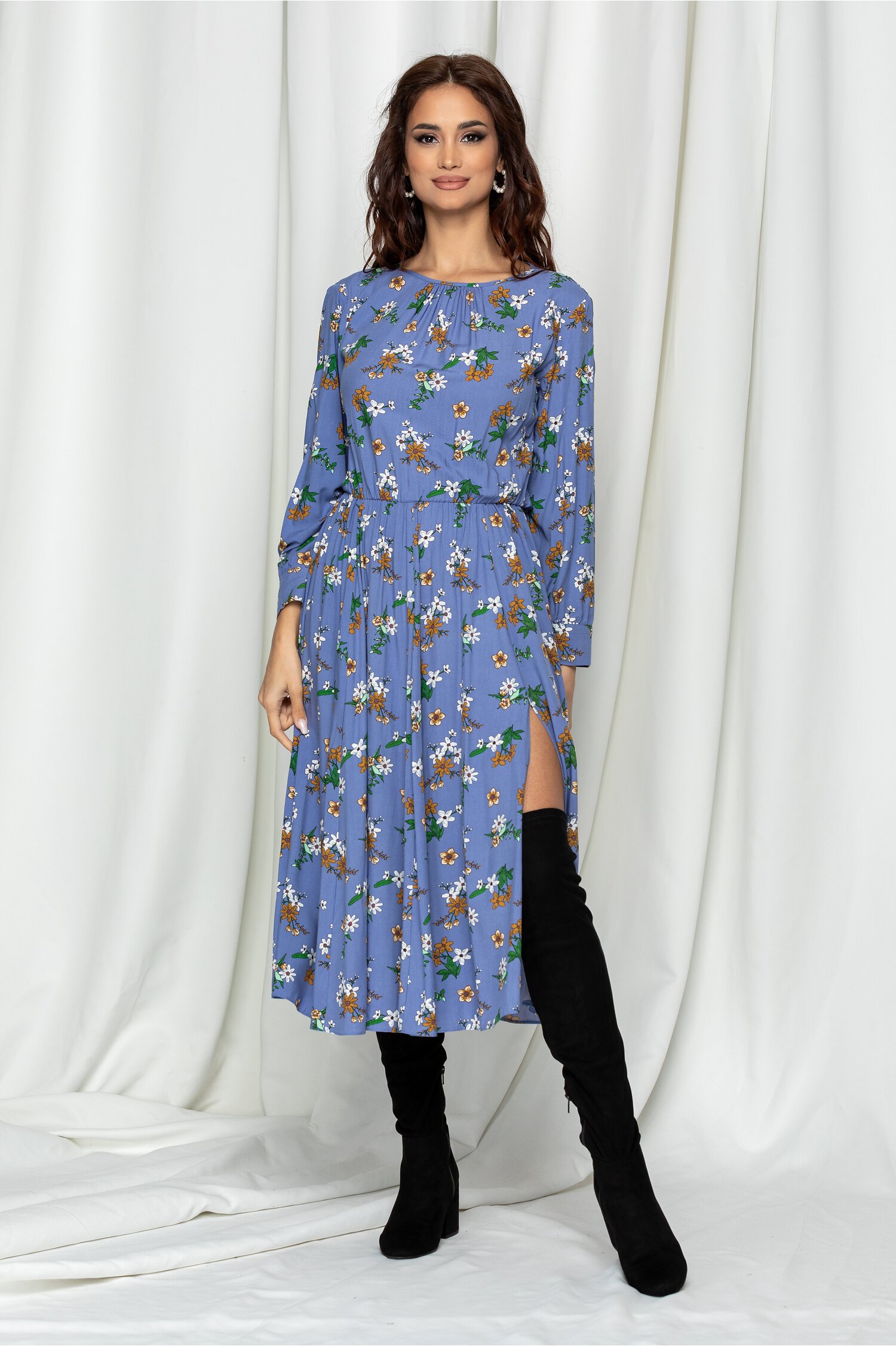 Rochie Dy Fashion bleu cu imprimeu floral pret ieftin