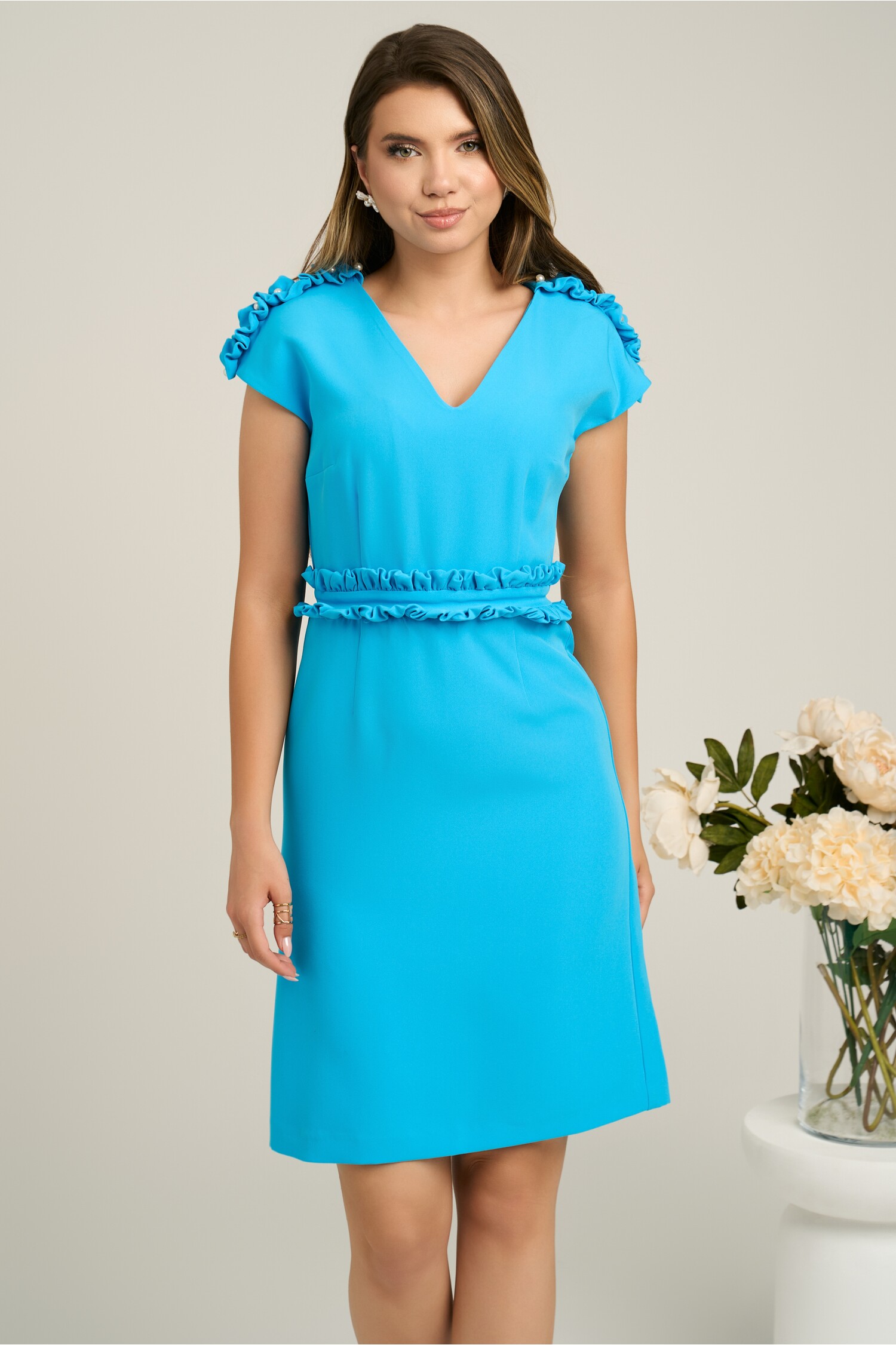 Rochie DY Fashion bleu cu volanase in talie si la umeri