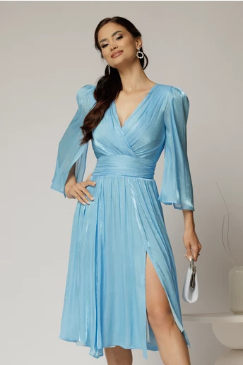 Rochie DY Fashion bleu de ocazie din voal peliculizat cu maneci crapate