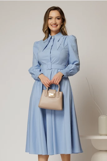 Rochie DY Fashion bleu din poplin cu guler dublu si curea in talie
