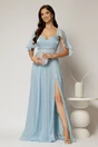 Rochie DY Fashion bleu lunga de seara cu aplicatii de perle pe talie, 1, dyfashion.ro
