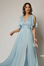 Rochie DY Fashion bleu lunga de seara cu decolteu adanc si funde ample, 3, dyfashion.ro