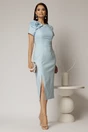 Rochie DY Fashion bleu midi conica cu crepeu si trandafir maxi la decolteu, 3, dyfashion.ro