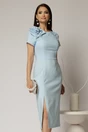 Rochie DY Fashion bleu midi conica cu crepeu si trandafir maxi la decolteu, 1, dyfashion.ro