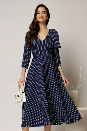 Rochie DY Fashion bleumarin cu buline albe si funda pe umar