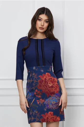 Rochie Dy Fashion bleumarin cu imprimeuri florale rosii pe fusta