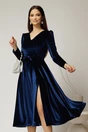 Rochie DY Fashion bleumarin din catifea cu decolteu in V si funda in talie, 1, dyfashion.ro
