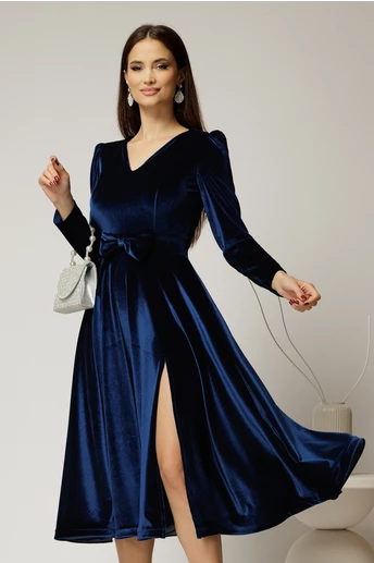 Rochie DY Fashion bleumarin din catifea cu decolteu in V si funda in talie