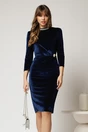Rochie DY Fashion bleumarin din catifea cu perle la guler si brosa eleganta, 1, dyfashion.ro