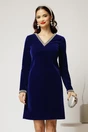 Rochie DY Fashion bleumarin din catifea fixa cu perle la decolteu si maneci, 1, dyfashion.ro