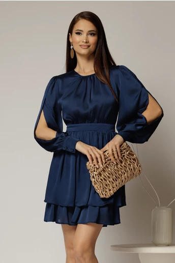 Rochie DY Fashion bleumarin scurta din voal cu manecile sparte si fusta suprapusa