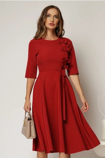 Rochie DY Fashion bordo cu funde pe bust si maneci trei sferturi