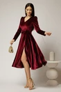 Rochie DY Fashion bordo din catifea cu decolteu in V si funda in talie, 3, dyfashion.ro