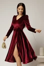 Rochie DY Fashion bordo din catifea cu decolteu in V si funda in talie, 1, dyfashion.ro