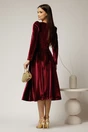 Rochie DY Fashion bordo din catifea cu decolteu in V si funda in talie, 2, dyfashion.ro